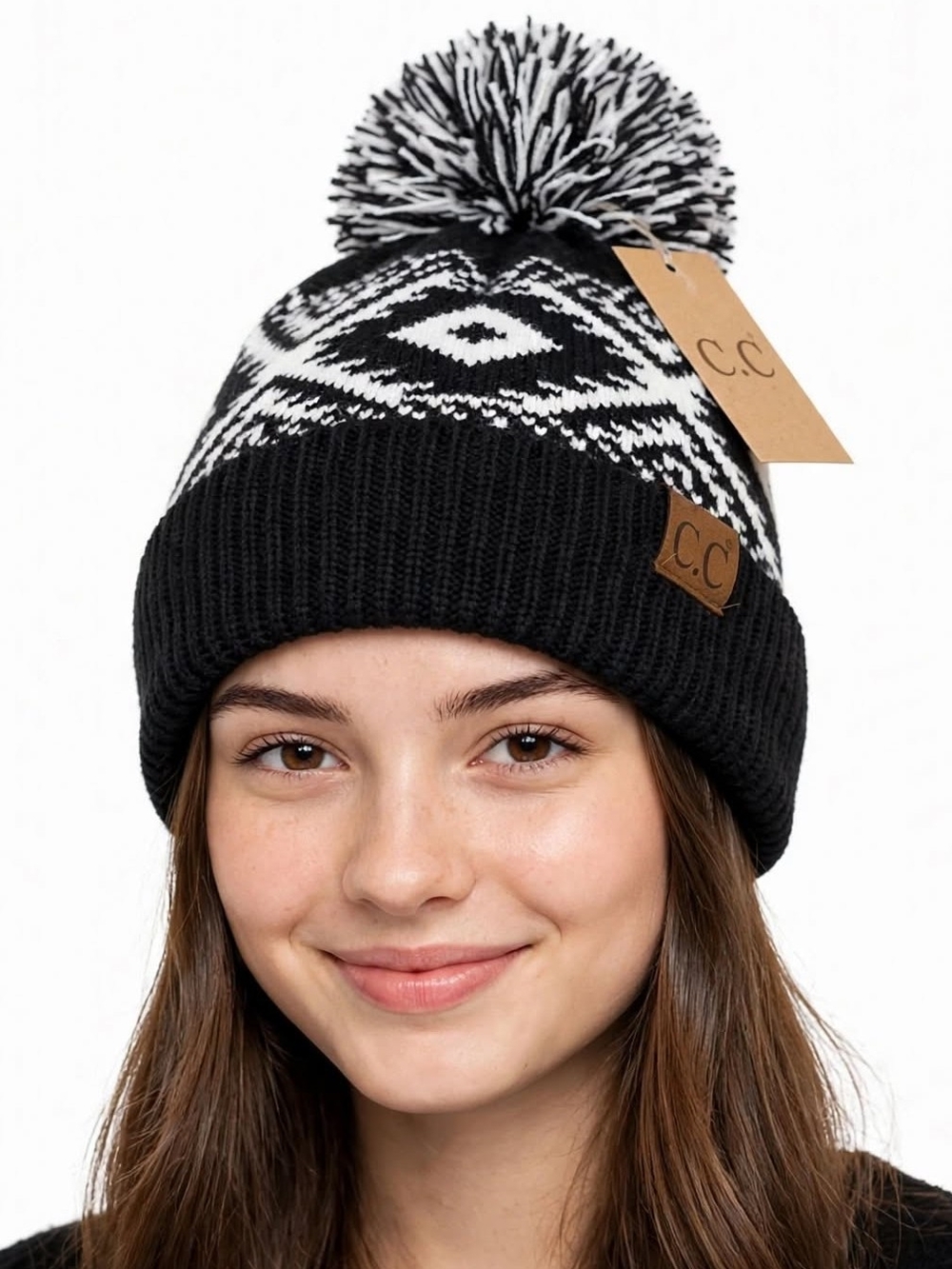 C.C Beanie Women's Fair Isle Knit Winter Hat Black White Geometric Pom Pom NWT